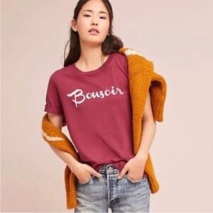 Anthropologie Sol Angeles Bonsoir Graphic Tee Size XS Maroon Cuffed Sleeve Euro